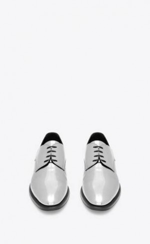 YSL Adrien Derbies In Laminated Metallic Piele Argintii Negrii | Romania_YSL85620