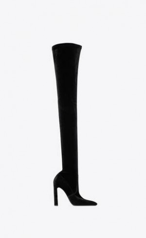 YSL Auteuil Over-the-knee Boots In Stretch Velvet Negrii | Romania_YSL12097