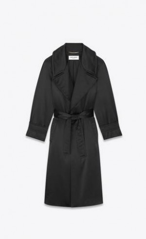 YSL Belted Wrap Coat In Crepe Satin Negrii | Romania_YSL52024