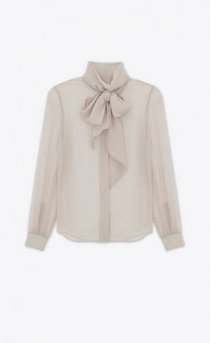 YSL Blouse In Silk Muslin Crepe Bej | Romania_YSL41481