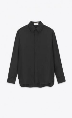 YSL Boyfriend Shirt In Bumbac And Silk Taffeta Negrii | Romania_YSL44777