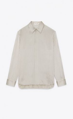 YSL Boyfriend Shirt In In Dungi Silk Satin Albastri | Romania_YSL97421