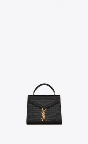 YSL Cassandra Mini Top Handle Bag In Crocodile-embossed Shiny Piele Negrii | Romania_YSL44466