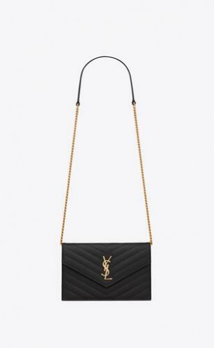 YSL Cassandre Envelope Chain Wallet In Grain De Poudre Piele Negrii | Romania_YSL97919