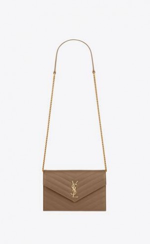 YSL Cassandre Envelope Chain Wallet In Grain De Poudre Piele Gri Maro | Romania_YSL76458