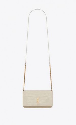 YSL Cassandre Phone Holder With Curea In Shiny Crocodile-embossed Piele Albi | Romania_YSL19991