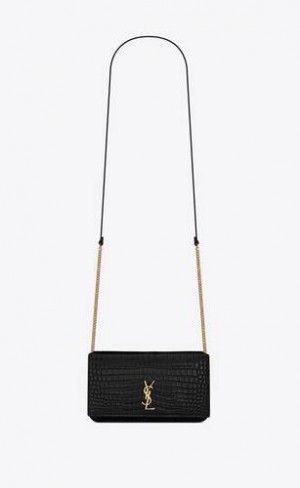 YSL Cassandre Phone Holder With Curea In Shiny Crocodile-embossed Piele Negrii | Romania_YSL13081
