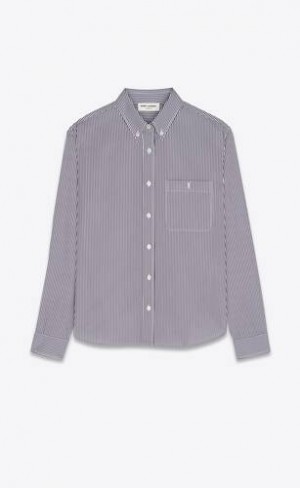 YSL Cassandre Shirt In In Dungi Bumbac Poplin Albastri | Romania_YSL49920