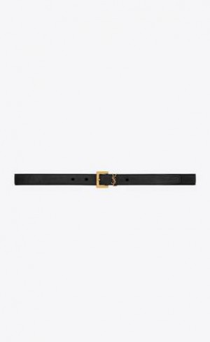 YSL Cassandre Thin Belt With Square Cu Catarama In Piele Intoarsa Negrii Aurii | Romania_YSL61912