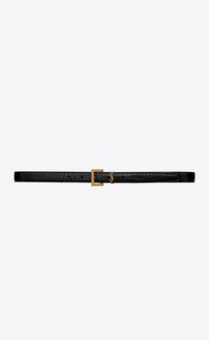 YSL Cassandre Thin Belt With Square Cu Catarama In Crocodile-embossed Piele Negrii | Romania_YSL92875