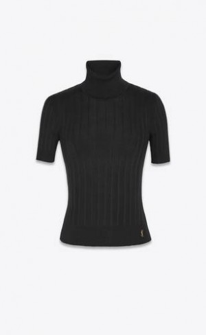 YSL Cassandre Top In Cu Nervuri Silk Negrii | Romania_YSL46701