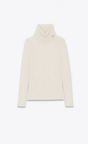 YSL Cassandre Turtleneck Pulovere In Lână, Cashmere And Mohair Albi | Romania_YSL67737