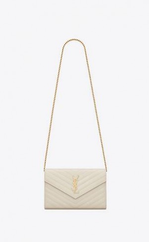 YSL Clasici Cassandre Chain Wallet In Grain De Poudre Piele Albi | Romania_YSL79245