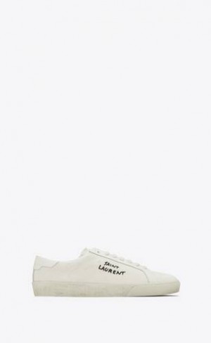 YSL Court Clasici Sl/06 Embroidered Sneakers In Panza And Piele Albi | Romania_YSL99355