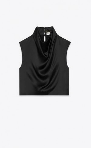 YSL Cowl-neck Crop Satin Negrii | Romania_YSL28483
