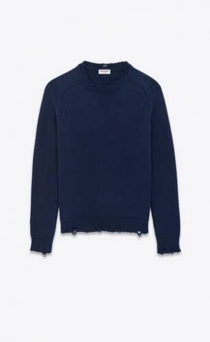 YSL Destroyed Knit Pulovere Albastri | Romania_YSL22072