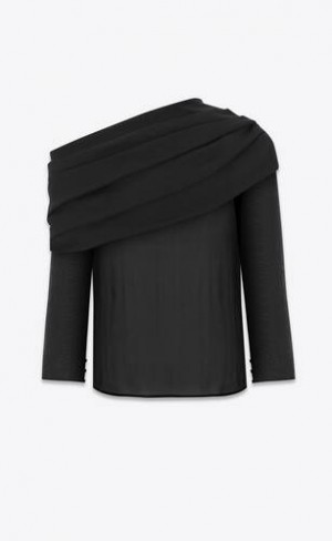 YSL Draped One-shoulder Blouse In Silk Muslin Negrii | Romania_YSL56346
