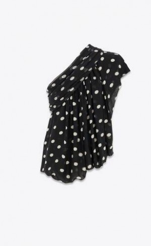YSL Draped One-shoulder Top In Dotted Silk Muslin Negrii | Romania_YSL28653
