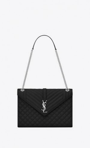 YSL Envelope Large In Matlasat Grain De Poudre Embossed Piele Negrii | Romania_YSL59246