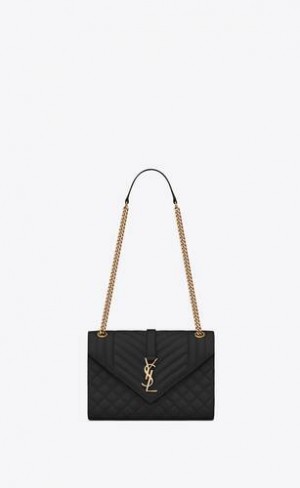 YSL Envelope Medium In Matlasat Grain De Poudre Embossed Piele Negrii | Romania_YSL81647