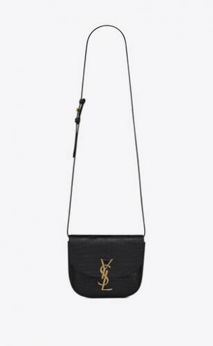 YSL Kaia Small Satchel In Shiny Crocodile-embossed Piele Negrii | Romania_YSL26148