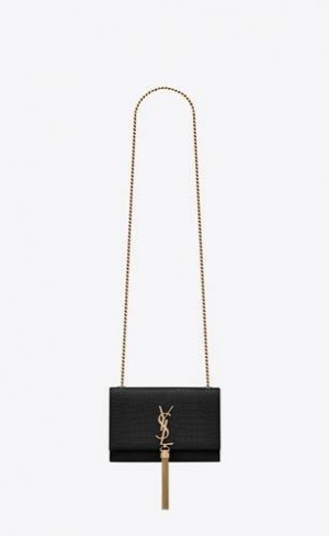 YSL Kate Small Tassel In Crocodile-embossed Piele Negrii | Romania_YSL89844