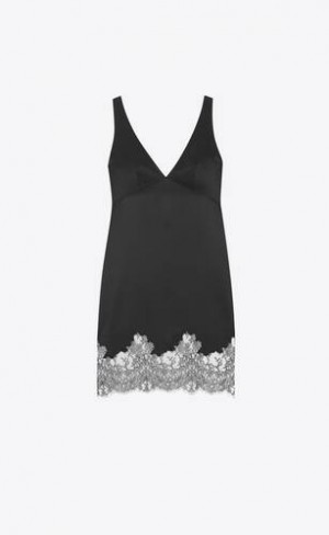 YSL Laced Rochie In Crepe Satin Negrii | Romania_YSL43411