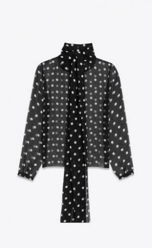 YSL LavallièRe-neck Blouse In Dotted Silk Muslin Negrii | Romania_YSL76352
