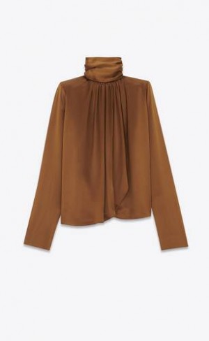 YSL LavallièRe-neck Blouse In Silk Satin Crepe Maro | Romania_YSL87465