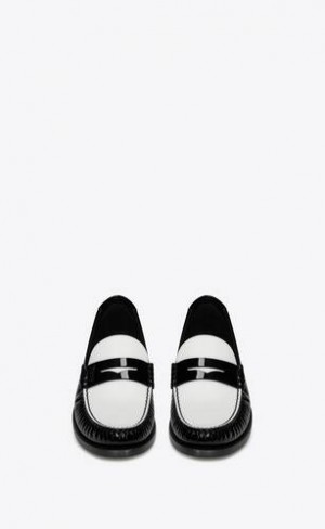 YSL Le Loafer Penny Slippers In Lacuita Piele Negrii Albi | Romania_YSL56941