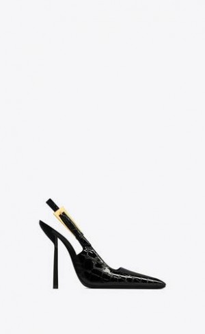 YSL Lee Slingback Pumps In Crocodile-embossed Piele Negrii | Romania_YSL67024