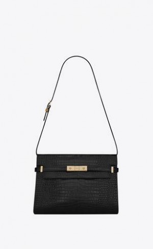 YSL Manhattan In Crocodile-embossed Shiny Piele Negrii | Romania_YSL25464