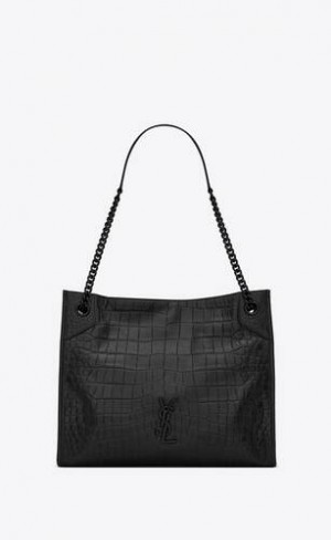 YSL Niki Medium Shopping Bag In Crocodile-embossed Piele Negrii | Romania_YSL52520
