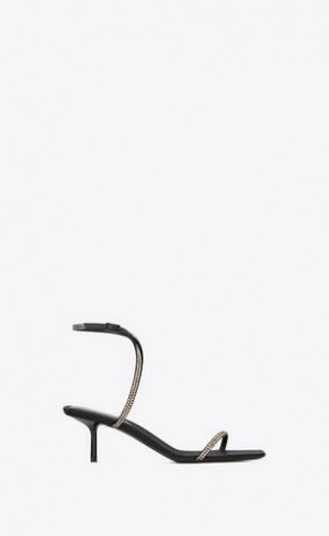 YSL Nuit Sandals In Crepe Satin And Rhinestones Negrii Argintii | Romania_YSL19310
