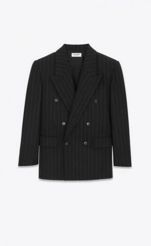 YSL Oversized Jacket In Pinstripe Lână Felt Negrii | Romania_YSL54317