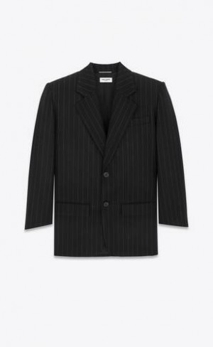 YSL Oversized Jacket In Pinstripe Lână Felt Negrii | Romania_YSL49482