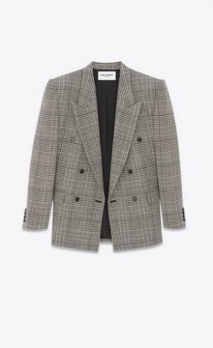 YSL Oversized Prince Of Wales Lână Gri | Romania_YSL93582
