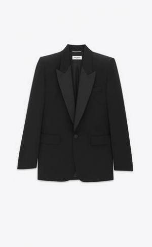 YSL Oversized Tuxedo Jacket In Grain De Poudre Negrii | Romania_YSL33643
