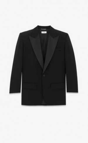 YSL Oversized Tuxedo Jacket In Grain De Poudre Negrii | Romania_YSL43647
