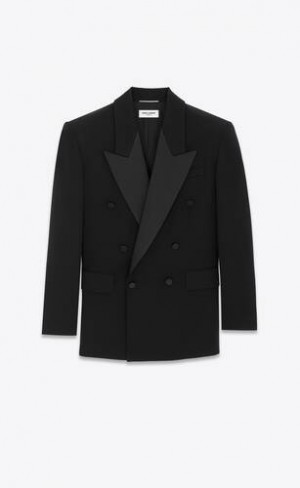 YSL Oversized Tuxedo Jacket In Grain De Poudre Negrii | Romania_YSL43722