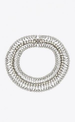 YSL Pearl Rhinestone Choker In Metal Argintii | Romania_YSL98095