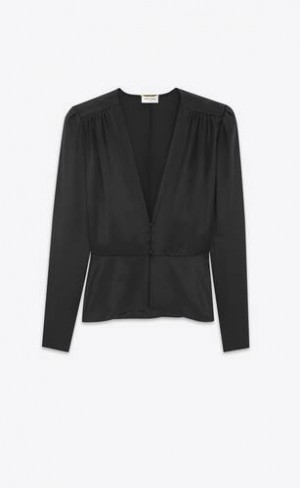 YSL Peplum Blouse In Silk Satin Crepe Negrii | Romania_YSL30348