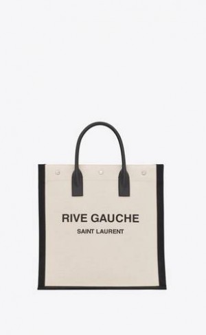YSL Rive Gauche North/South Tote Bag In Printed Linen And Piele Albi | Romania_YSL69299