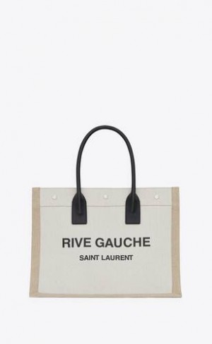 YSL Rive Gauche Small Tote Bag In Linen And Piele Negrii Bej Negrii | Romania_YSL80922