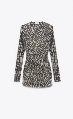 YSL Ruched Dotted Tulle Negrii Albi | Romania_YSL46125