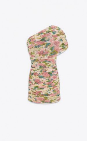 YSL Ruched One-shoulder Floral Tulle Colorati | Romania_YSL35530