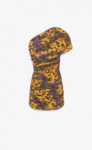 YSL Ruched One-shoulder Floral Tulle Negrii Colorati | Romania_YSL65078