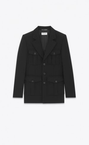 YSL Saharienne Jacket In Grain De Poudre Negrii | Romania_YSL39122