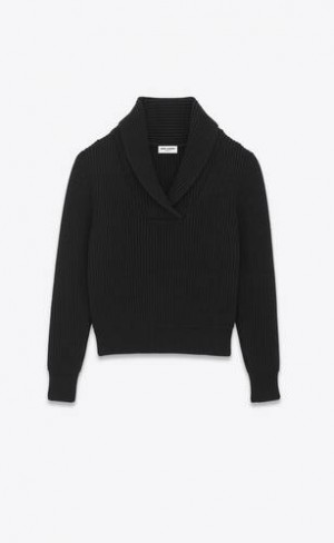 YSL Shawl-neck Pulovere In Cu Nervuri Lână Negrii | Romania_YSL15324