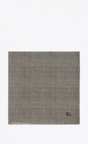YSL Sl Pocket Square Scarf In Prince Of Wales Silk Charmeuse Negrii Albi | Romania_YSL92620
